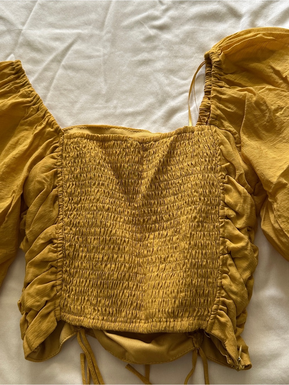 Mustard Drawstring Ruched Puff-Sleeve Crop Top - Picture 4 of 6